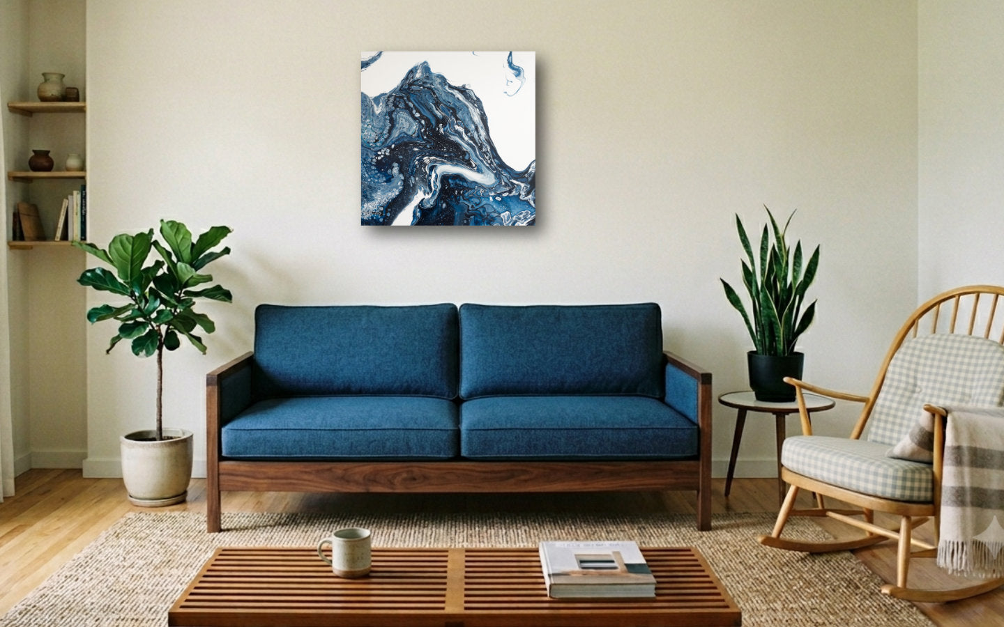 Square abstract acrylic painting in inky navy and white, a mass of ice breaking and churning into cold sea, glacier calving displayed in a living room.