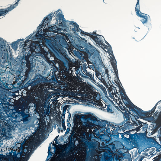Square abstract acrylic painting in inky navy and white, a mass of ice breaking and churning into cold sea, glacier calving.