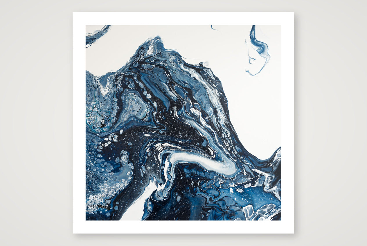 Square abstract acrylic painting in inky navy and white, a mass of ice breaking and churning into cold sea, glacier calving.