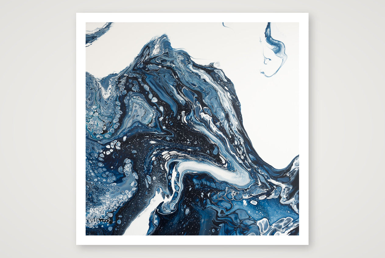 Square abstract acrylic painting in inky navy and white, a mass of ice breaking and churning into cold sea, glacier calving.