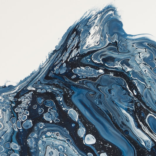 Fragment of square abstract acrylic painting in inky navy and white, a mass of ice breaking and churning into cold sea, glacier calving.