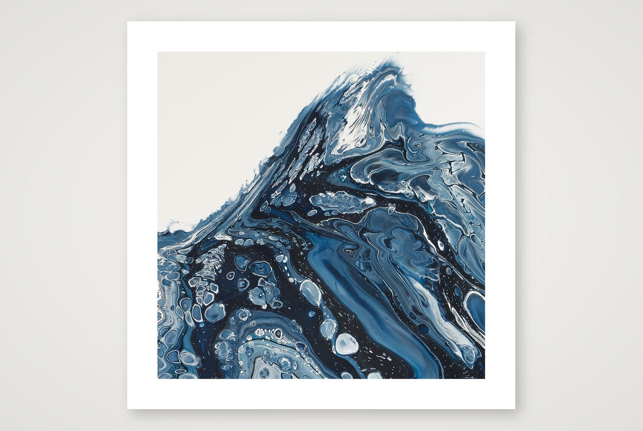 Fragment of square abstract acrylic painting in inky navy and white, a mass of ice breaking and churning into cold sea, glacier calving.