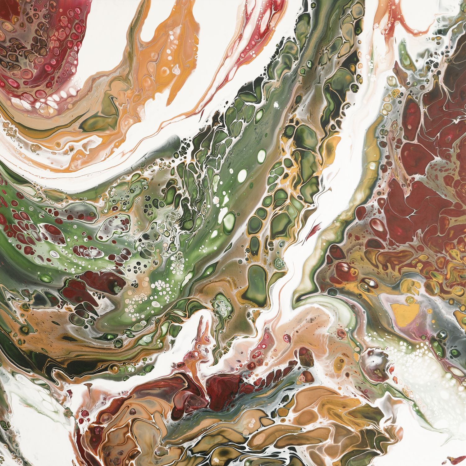 Square abstract art print in autumn reds, burgundy and forest greens with white, two seasons overlapping, fluid marbled texture.
