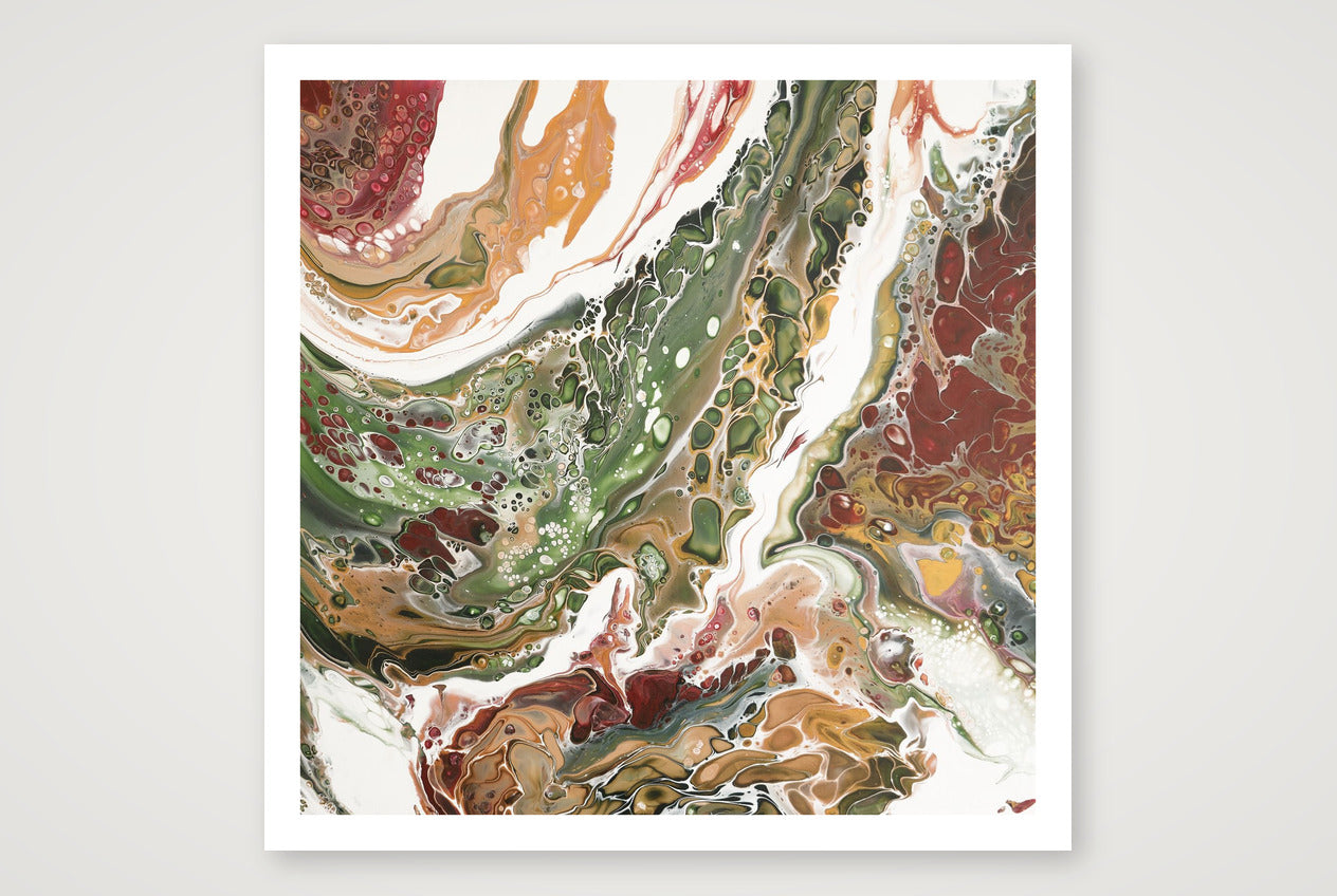 Square abstract art print in autumn reds, burgundy and forest greens with white, two seasons overlapping, fluid marbled texture.