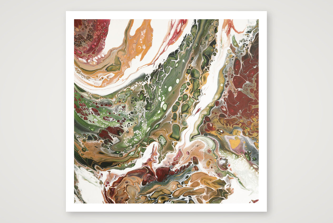 Square abstract art print in autumn reds, burgundy and forest greens with white, two seasons overlapping, fluid marbled texture.