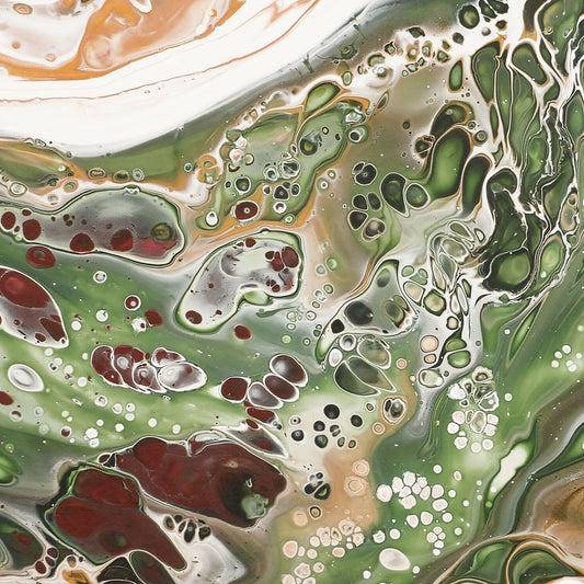 Fragment of square abstract art print in autumn reds, burgundy and forest greens with white, two seasons overlapping, fluid marbled texture.