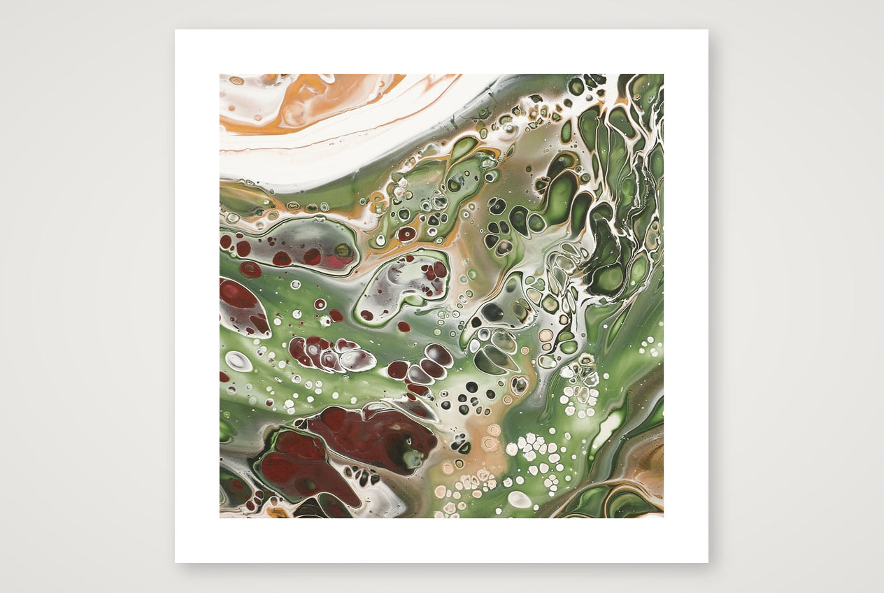 Fragment of square abstract art print in autumn reds, burgundy and forest greens with white, two seasons overlapping, fluid marbled texture.