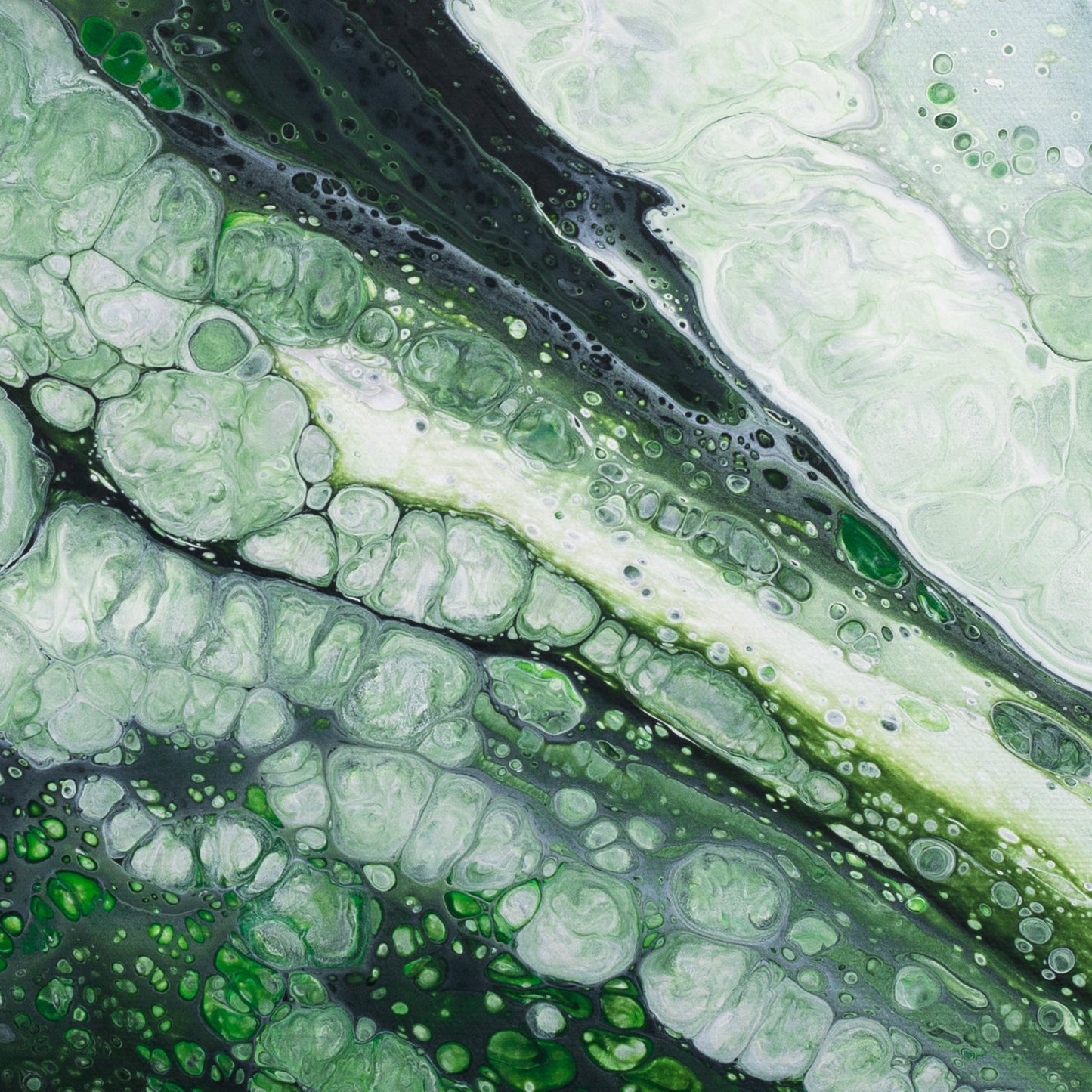 Close-up of square abstract acrylic painting in soft forest greens and pale light, fluid poured marbled texture, calm woodland mood.