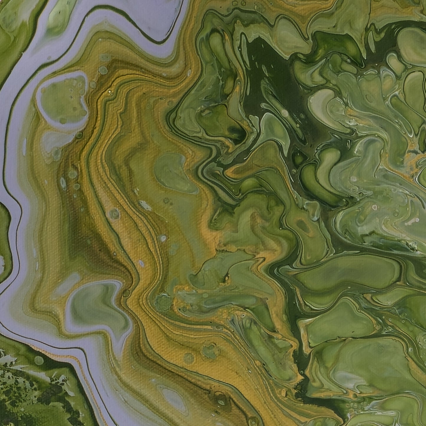 Close-up of square abstract acrylic painting in meadow greens and gold with a pale winding channel, flooded English grassland feel.
