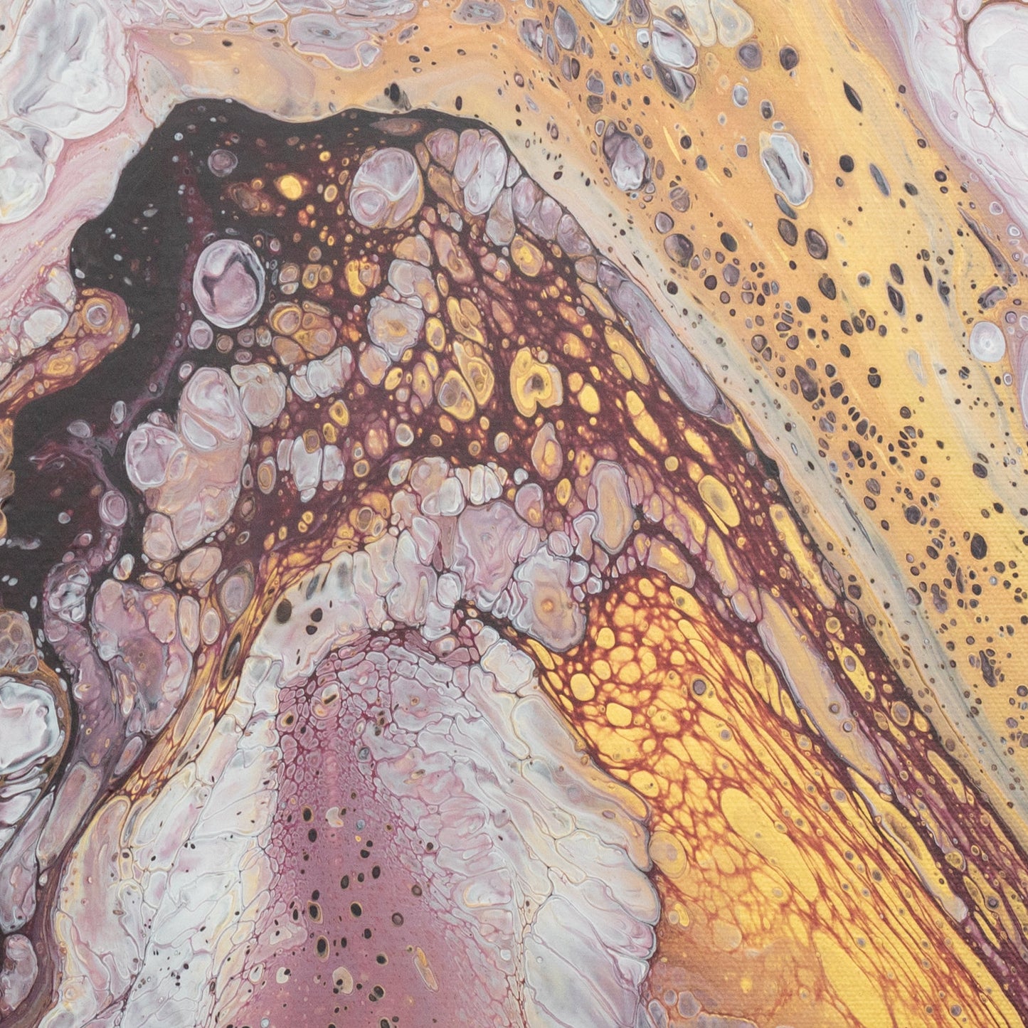 Close-up of square abstract acrylic painting in warm gold, bronze and earth browns with white, layered geological marbled texture.