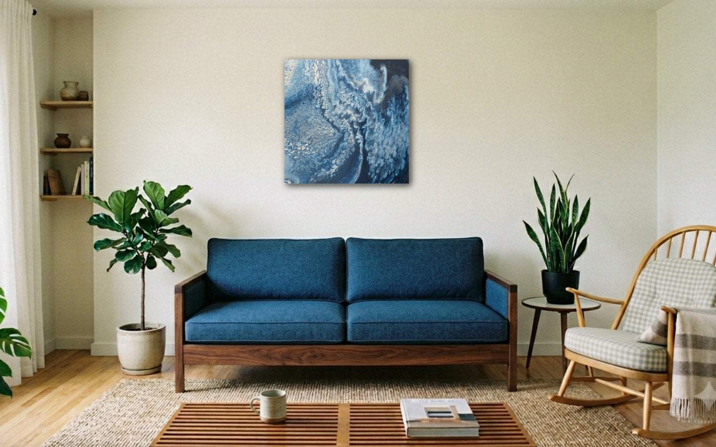 Square abstract acrylic painting in deep navy and silver-blue, turbulent storm-cloud texture sweeping across a darkening sky displayed in living room