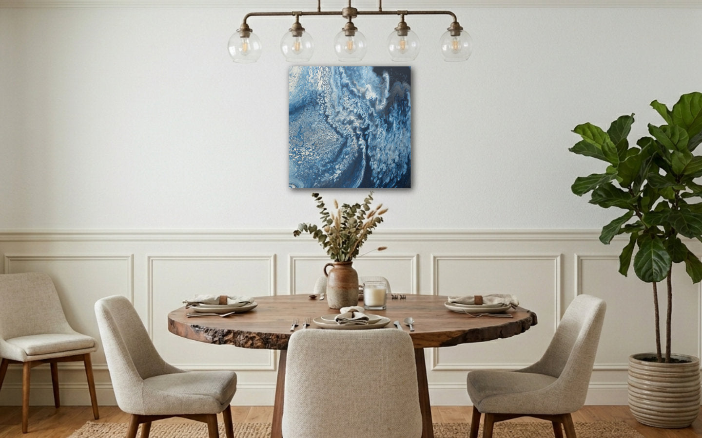 Square abstract acrylic painting in deep navy and silver-blue, turbulent storm-cloud texture sweeping across a darkening sky displayed in dining room