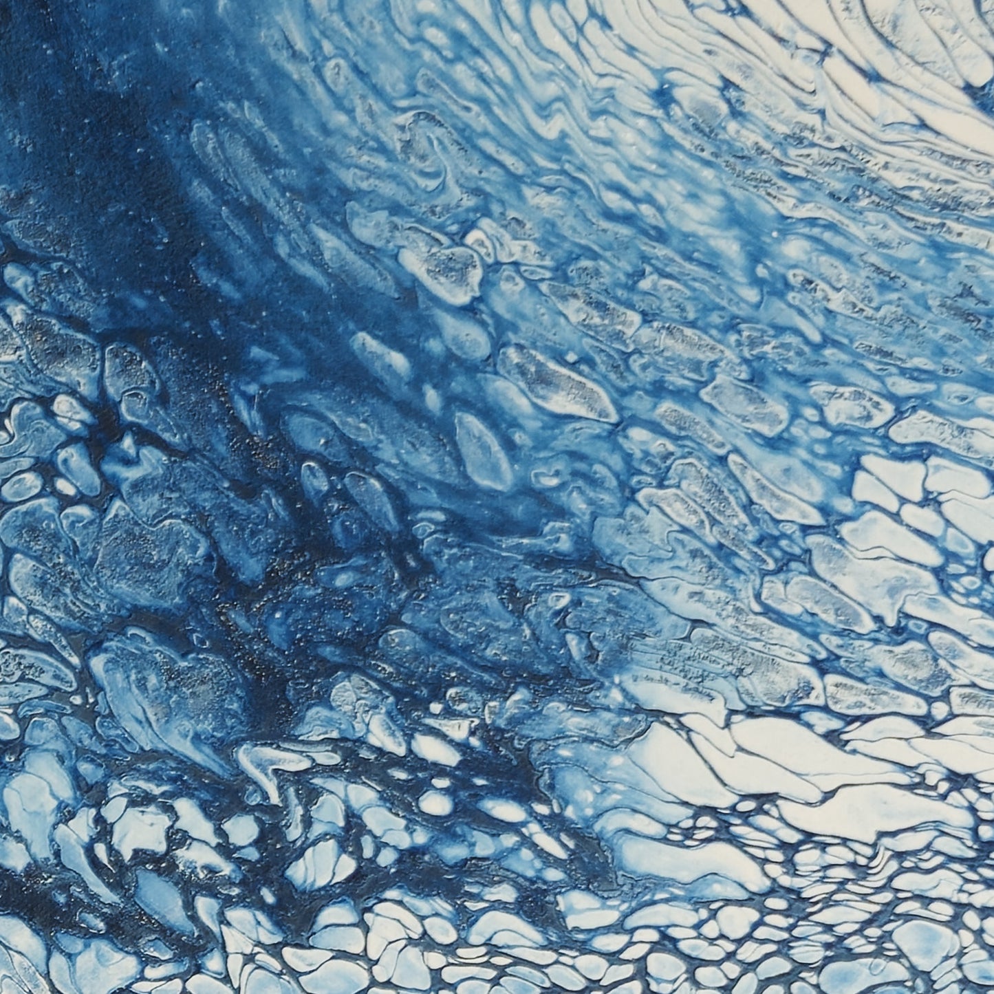 Close-up of square abstract acrylic painting in deep navy and silver-blue, turbulent storm-cloud texture sweeping across a darkening sky.
