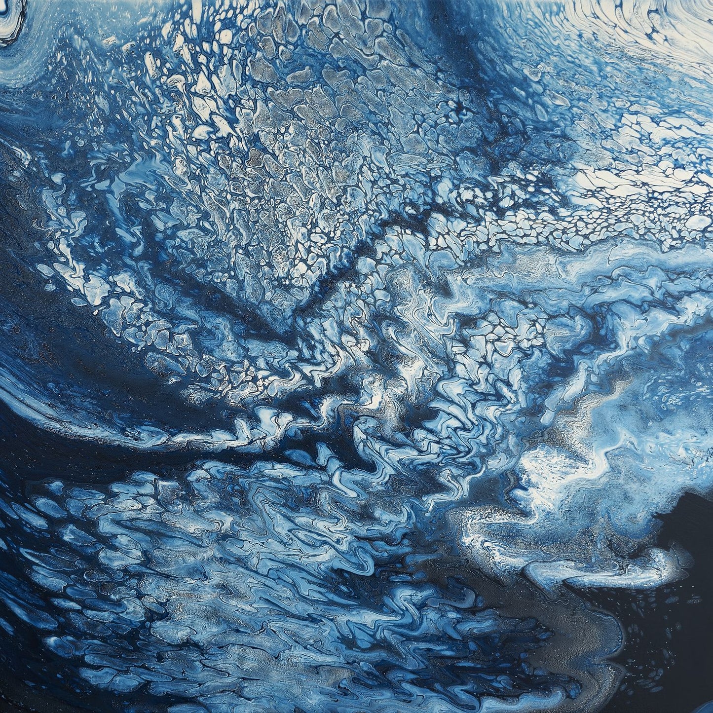Square abstract acrylic painting in deep navy and silver-blue, turbulent storm-cloud texture sweeping across a darkening sky.