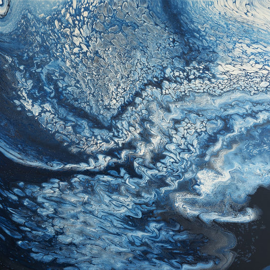 Square abstract acrylic painting in deep navy and silver-blue, turbulent storm-cloud texture sweeping across a darkening sky.