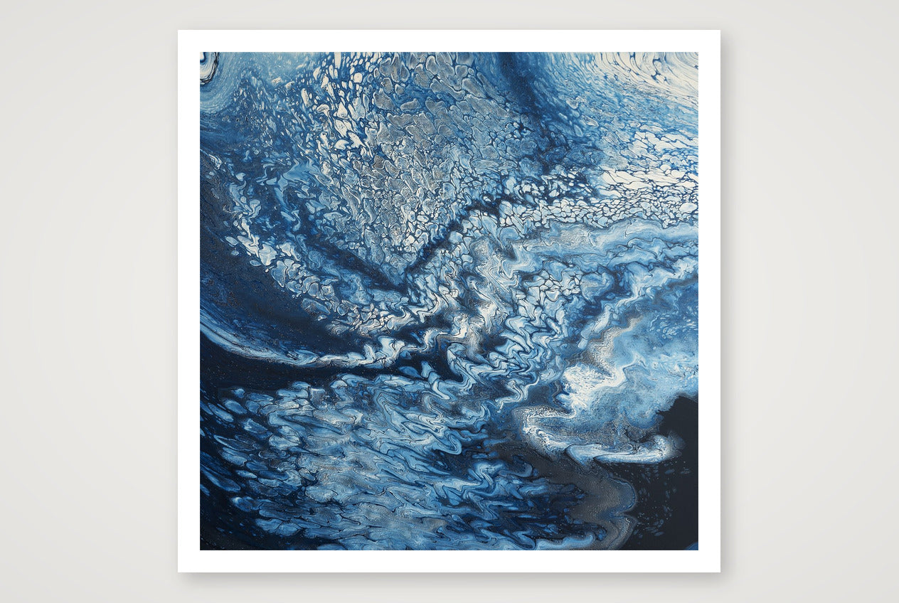 Square abstract acrylic painting in deep navy and silver-blue, turbulent storm-cloud texture sweeping across a darkening sky.