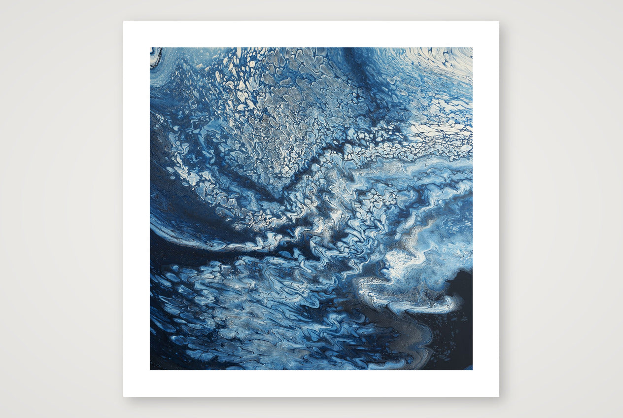 Square abstract acrylic painting in deep navy and silver-blue, turbulent storm-cloud texture sweeping across a darkening sky.