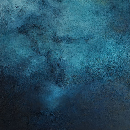 Square textured wall art print in deep teal and petrol blue fading to black, a pale blue glow rising through, deep-sea atmosphere.