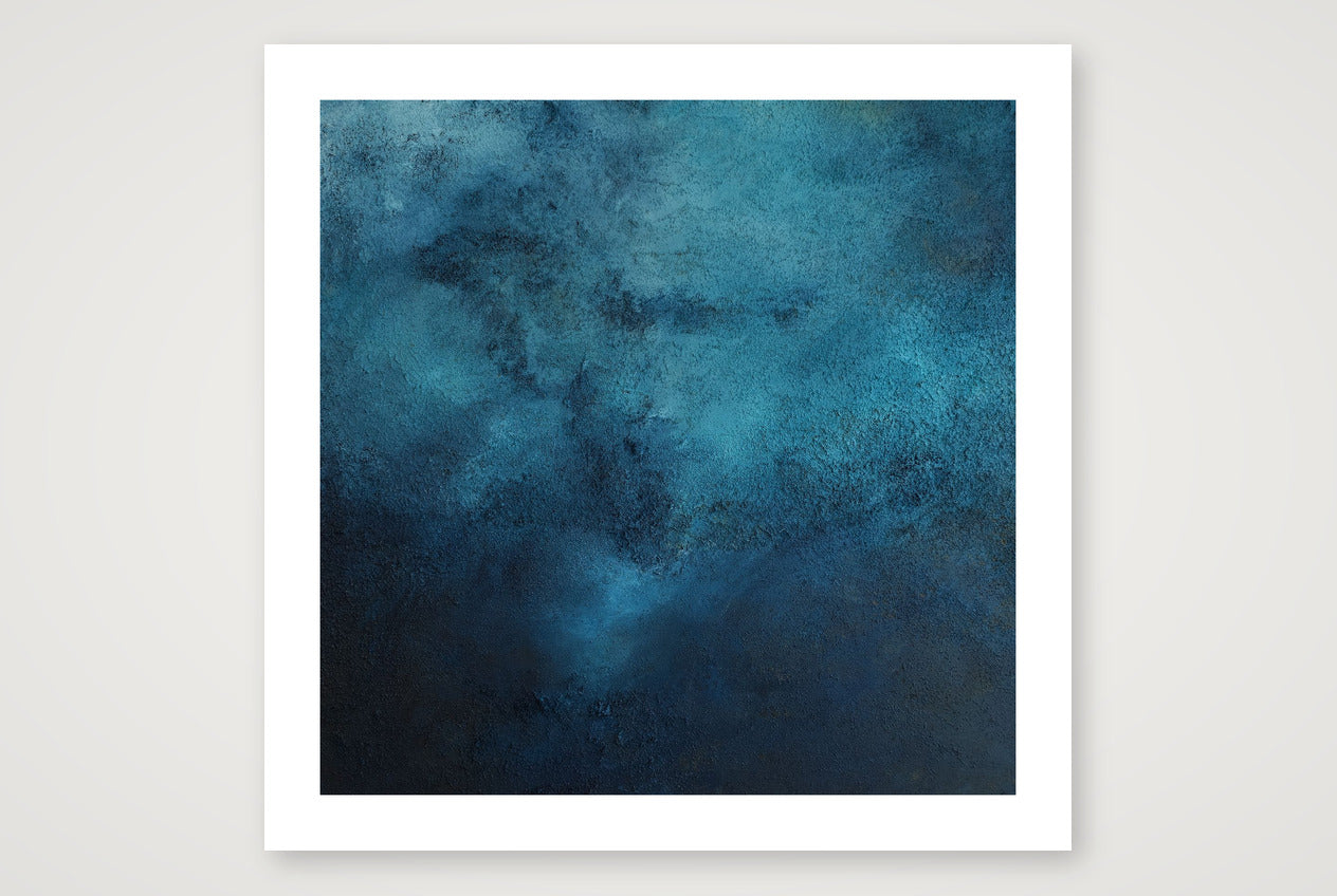 Square textured wall art print in deep teal and petrol blue fading to black, a pale blue glow rising through, deep-sea atmosphere.