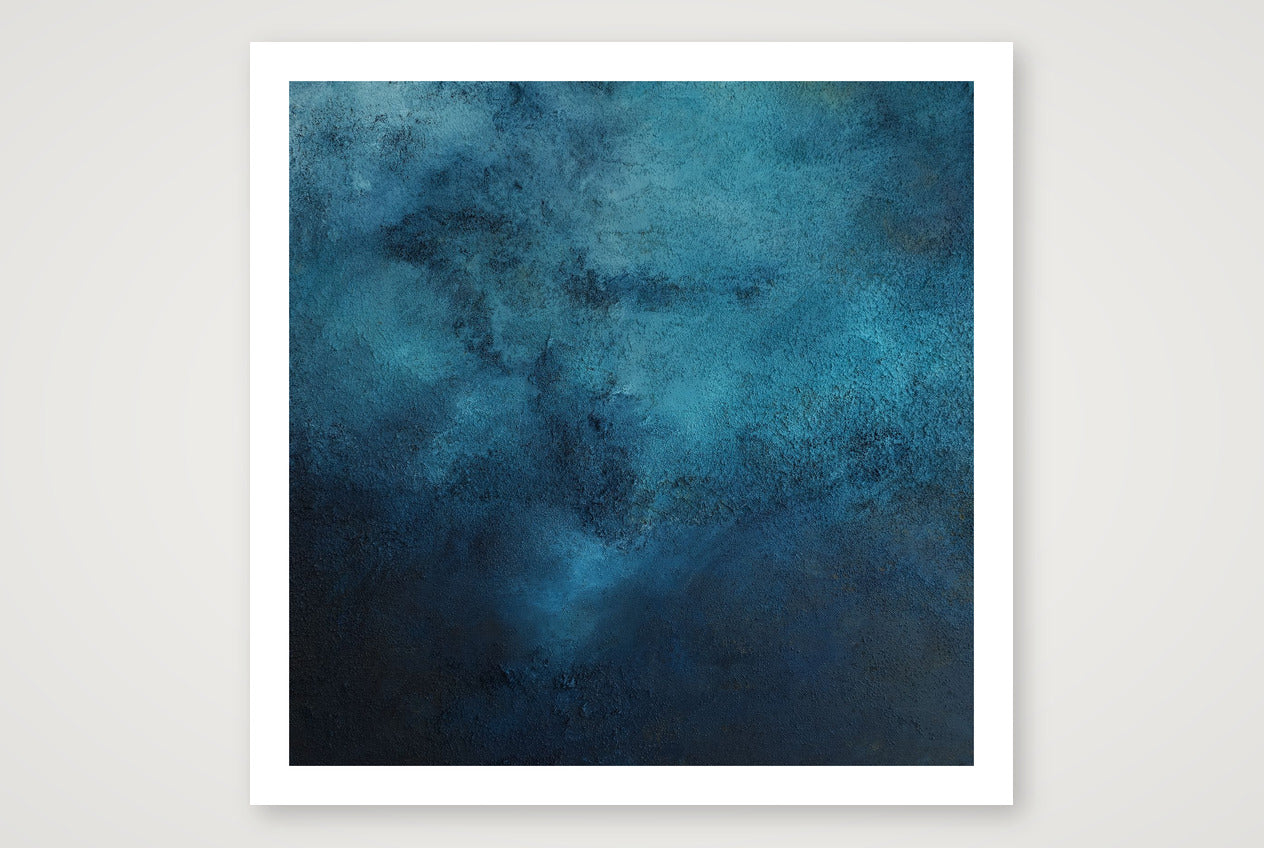 Square textured wall art print in deep teal and petrol blue fading to black, a pale blue glow rising through, deep-sea atmosphere.