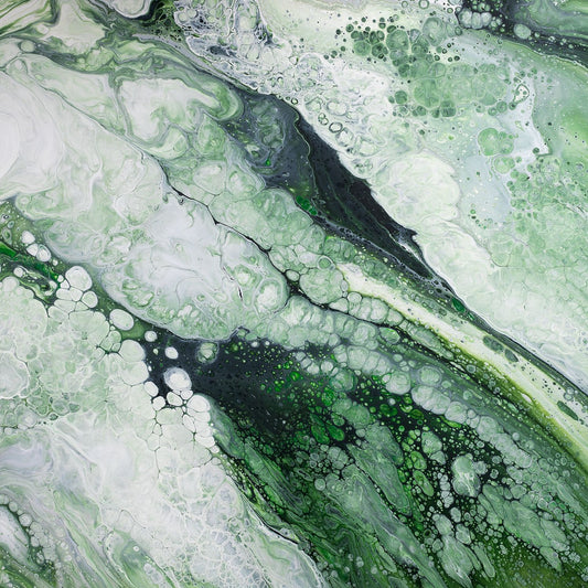 Square abstract acrylic painting in soft forest greens and pale light, fluid poured marbled texture, calm woodland mood.