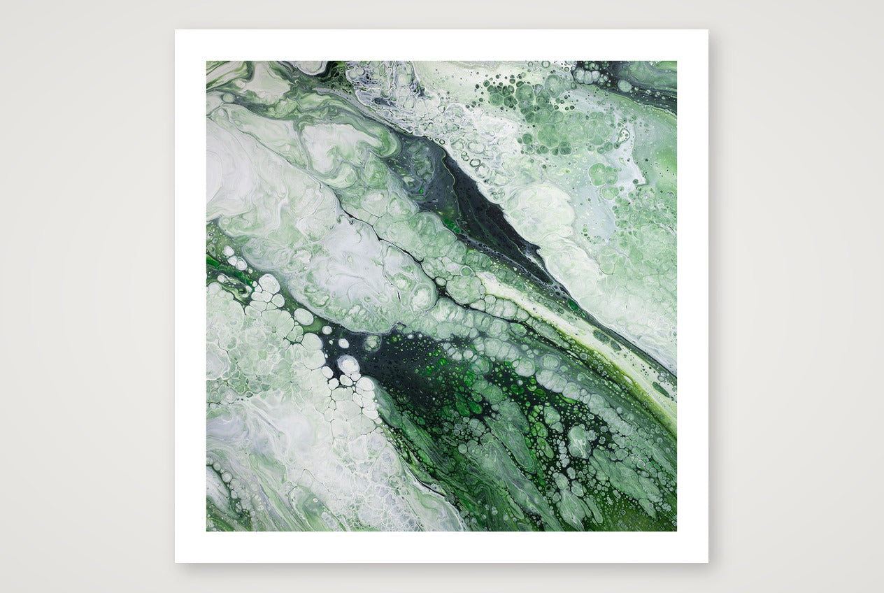 Square abstract acrylic painting in soft forest greens and pale light, fluid poured marbled texture, calm woodland mood.