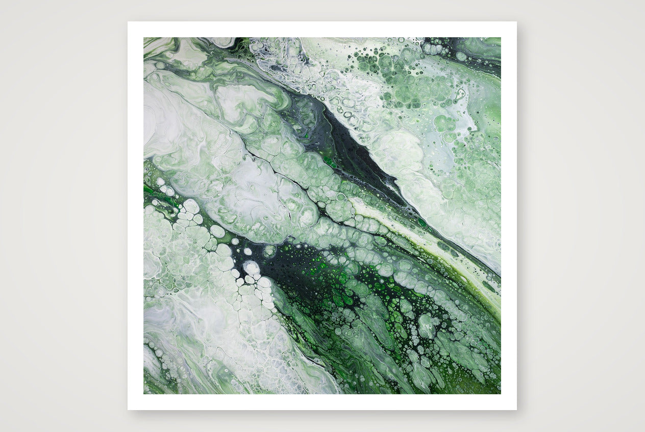 Square abstract acrylic painting in soft forest greens and pale light, fluid poured marbled texture, calm woodland mood.