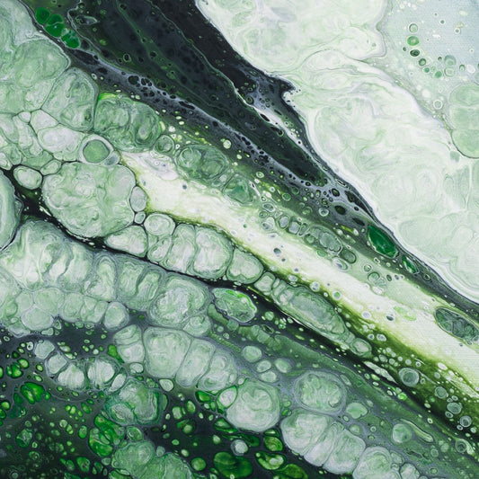 Square abstract acrylic painting in soft forest greens and pale light, fluid poured marbled texture, calm woodland mood.