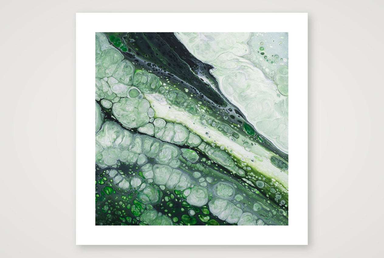 Square abstract acrylic painting in soft forest greens and pale light, fluid poured marbled texture, calm woodland mood.