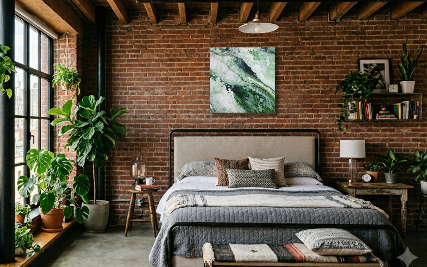 Square abstract acrylic painting in soft forest greens and pale light, fluid poured marbled texture, calm woodland mood displayed in a bedroom.
