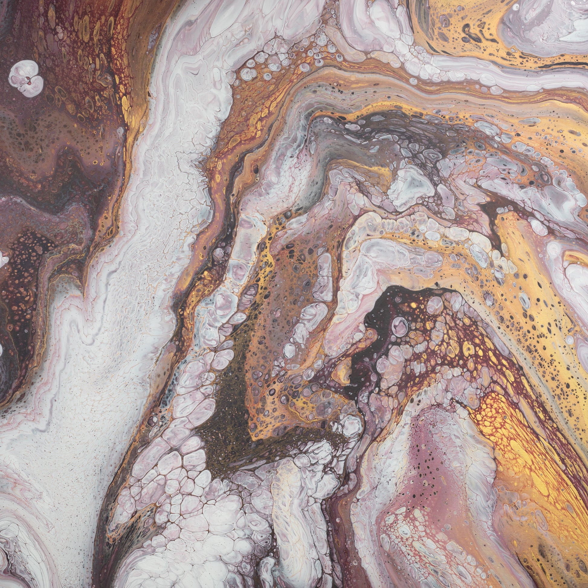 Square abstract acrylic painting in warm gold, bronze and earth browns with white, layered geological marbled texture.