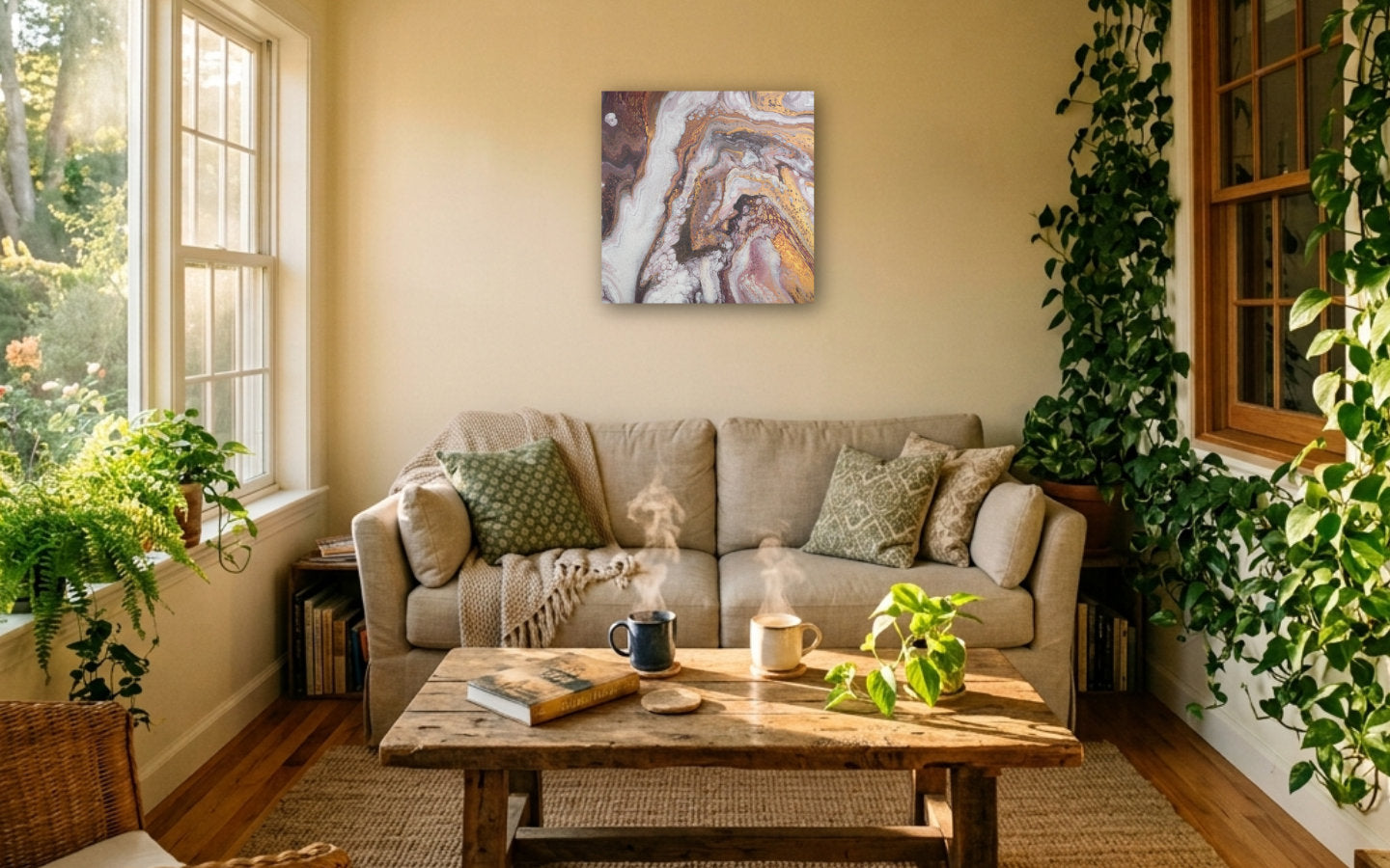Square abstract acrylic painting in warm gold, bronze and earth browns with white, layered geological marbled texture displayed in sunroom