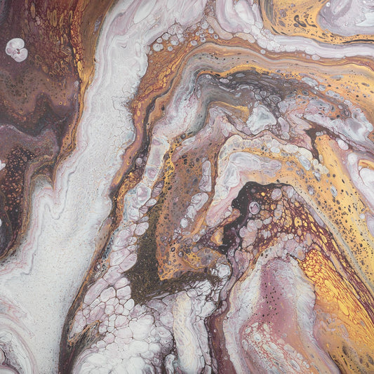 Square abstract acrylic painting fine art print in warm gold, bronze and earth browns with white, layered geological marbled texture.