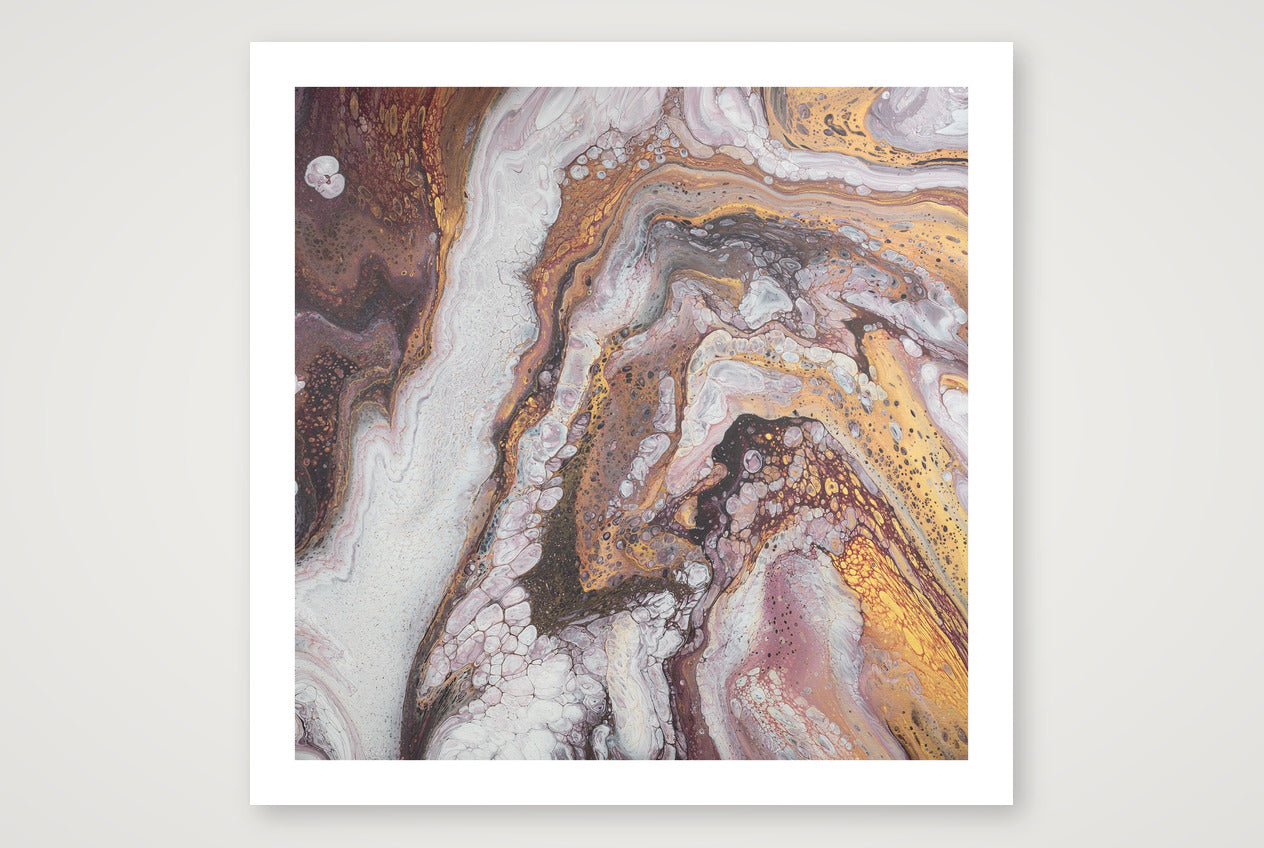 Square abstract acrylic painting fine art print in warm gold, bronze and earth browns with white, layered geological marbled texture.