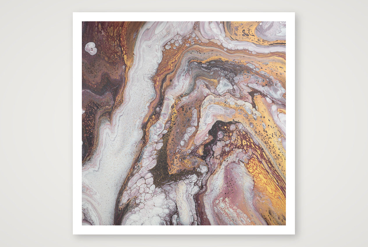Square abstract acrylic painting fine art print in warm gold, bronze and earth browns with white, layered geological marbled texture.
