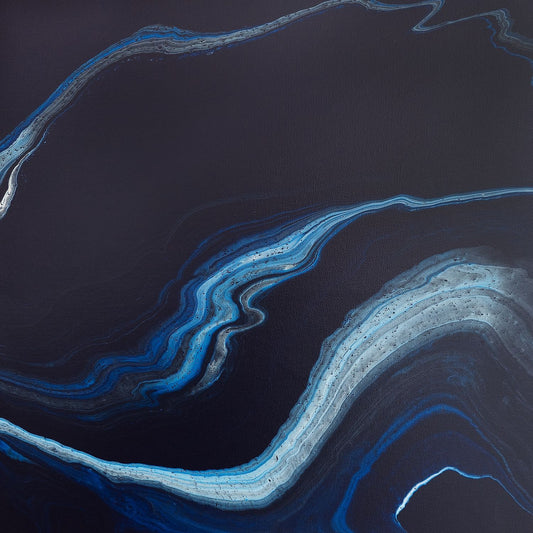 Abstract art print in near-black with bright ribbons of blue and silver light curving through, like bioluminescence in night surf