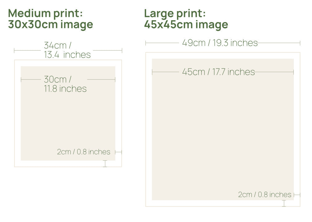 Print sizes 30x30cm (34x34cm including border), 11.8x11.8” (13.4x13.4” including border)
45x45cm (49x49cm including border), 17.7x17.7” (19.3x19.3” including border)