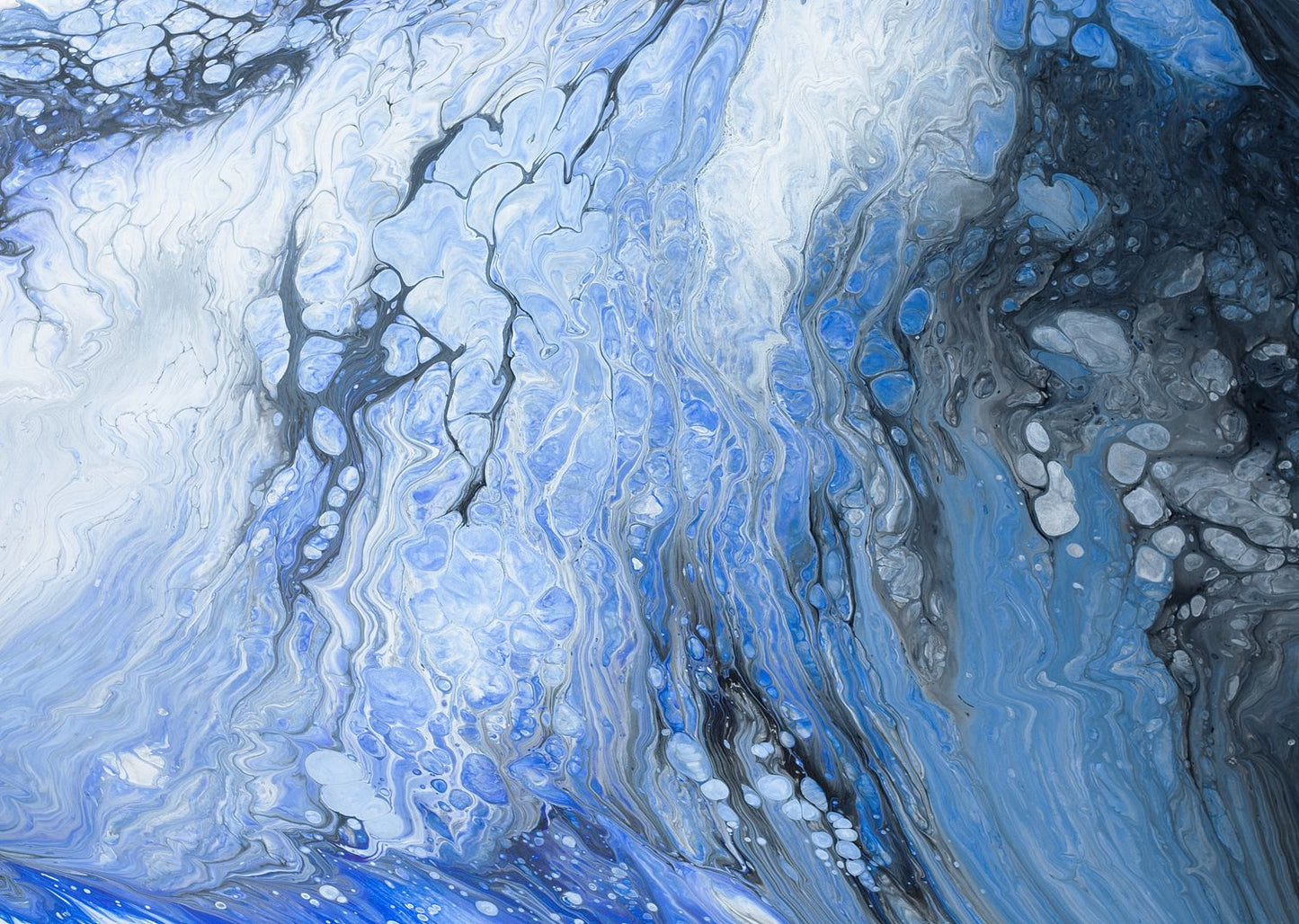 Landscape abstract art print in soft blues and violets blooming across white, delicate sea-spray and foam feel, airy fluid texture.