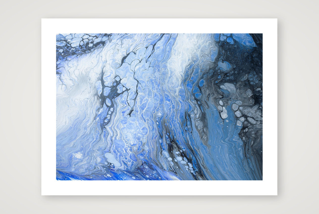 Landscape abstract art print in soft blues and violets blooming across white, delicate sea-spray and foam feel, airy fluid texture.