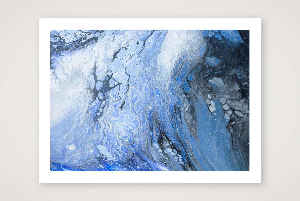Landscape abstract art print in soft blues and violets blooming across white, delicate sea-spray and foam feel, airy fluid texture.