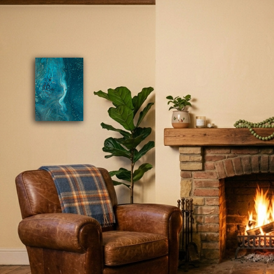 Portrait abstract acrylic painting in deep teal and petrol blue, pale current of light through dark water, sense of ocean depth displayed by fireplace
