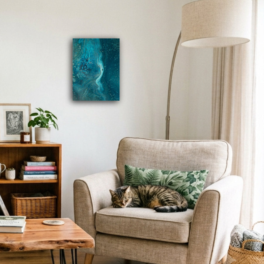 Portrait abstract acrylic painting in deep teal and petrol blue, pale current of light through dark water, sense of ocean depth displayed in lounge.