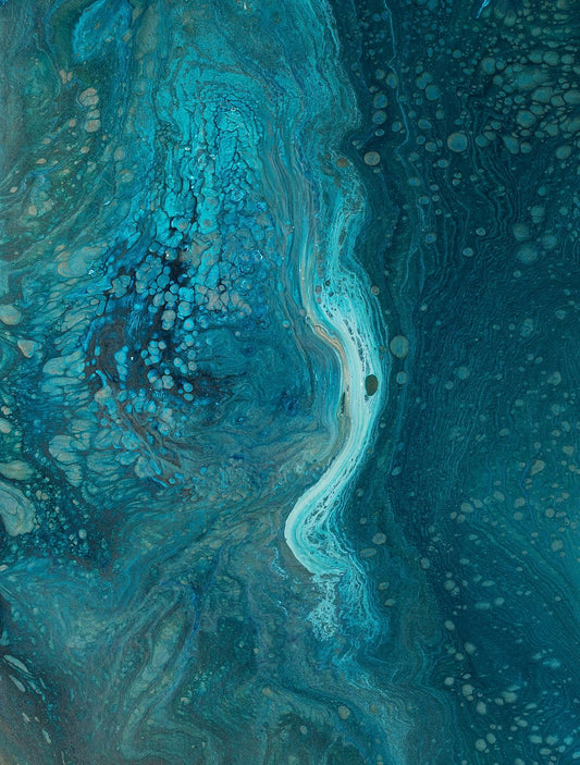 Portrait abstract acrylic painting fine art print in deep teal and petrol blue, pale current of light through dark water, sense of ocean depth.