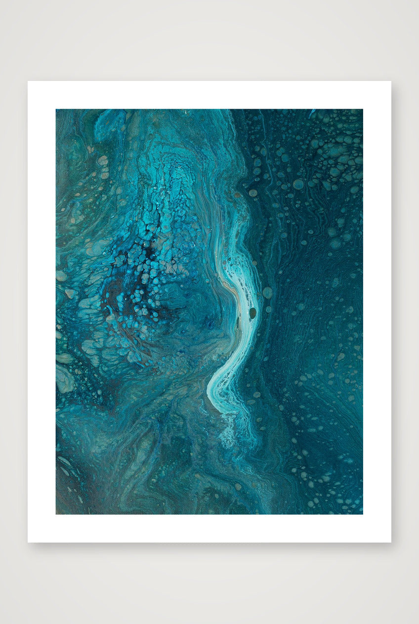 Portrait abstract acrylic painting fine art print in deep teal and petrol blue, pale current of light through dark water, sense of ocean depth.