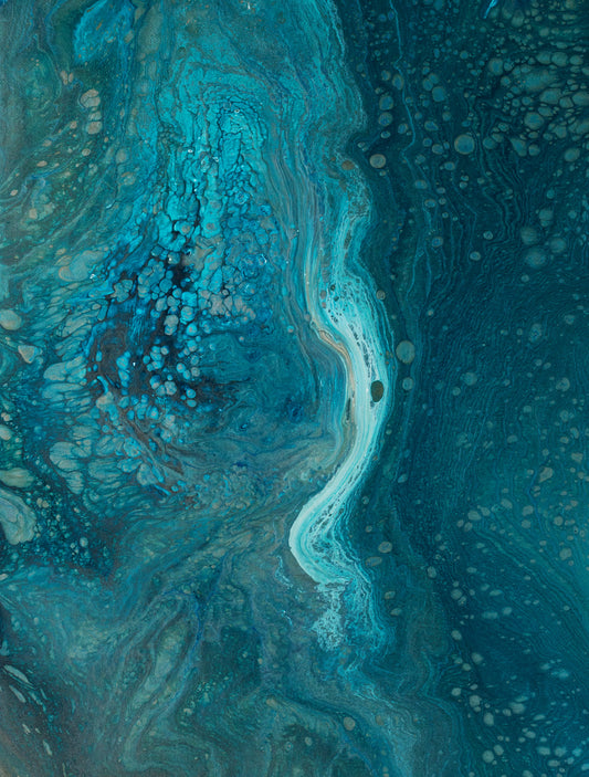 Portrait abstract acrylic painting in deep teal and petrol blue, pale current of light through dark water, sense of ocean depth.