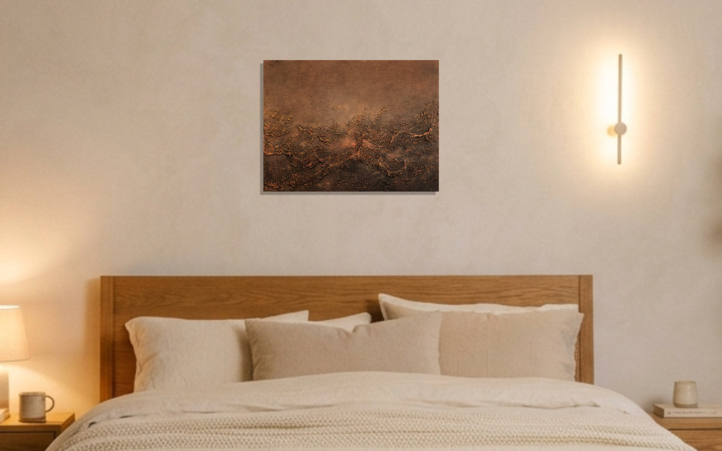 Landscape textured abstract acrylic painting in warm copper and bronze with a raised rust-coloured crusted ridge, like weathered, oxidised metal displayed above a bed.