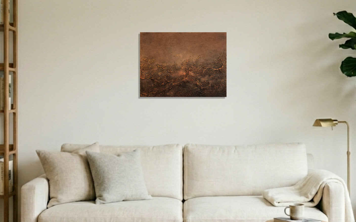 Landscape textured abstract acrylic painting in warm copper and bronze with a raised rust-coloured crusted ridge, like weathered, oxidised metal displayed above a sofa.