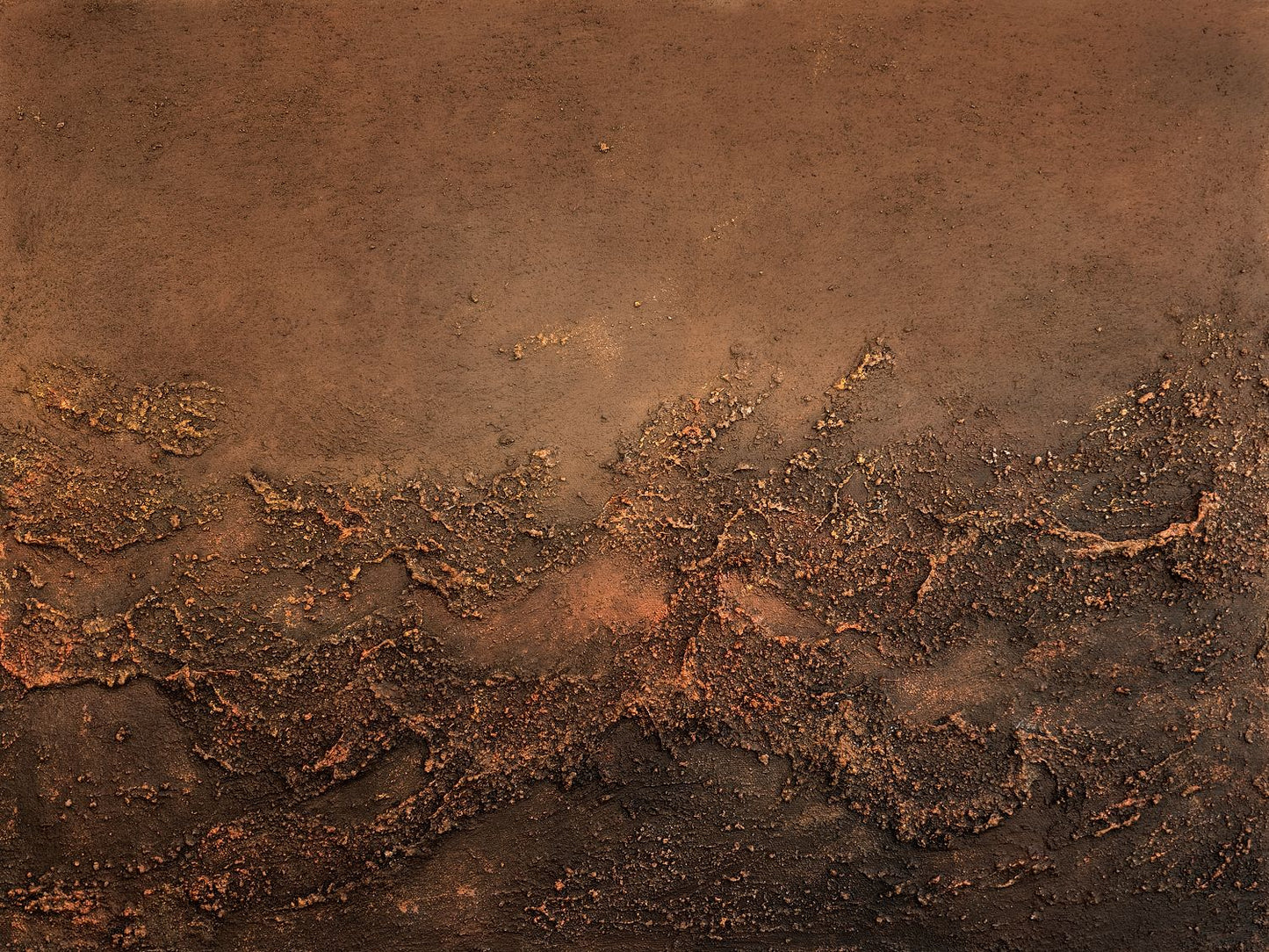Landscape textured abstract acrylic painting in warm copper and bronze with a raised rust-coloured crusted ridge, like weathered, oxidised metal.