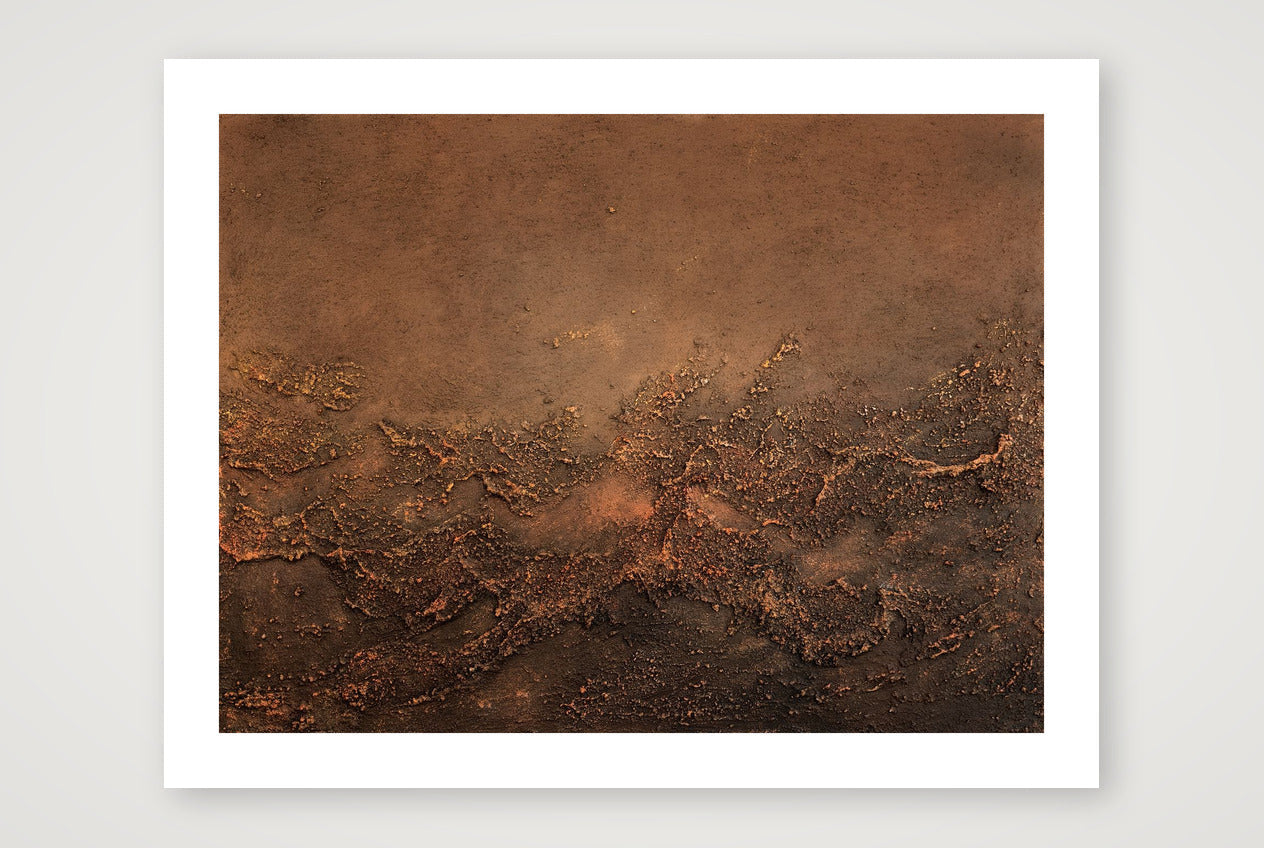 Landscape textured abstract acrylic painting in warm copper and bronze with a raised rust-coloured crusted ridge, like weathered, oxidised metal.