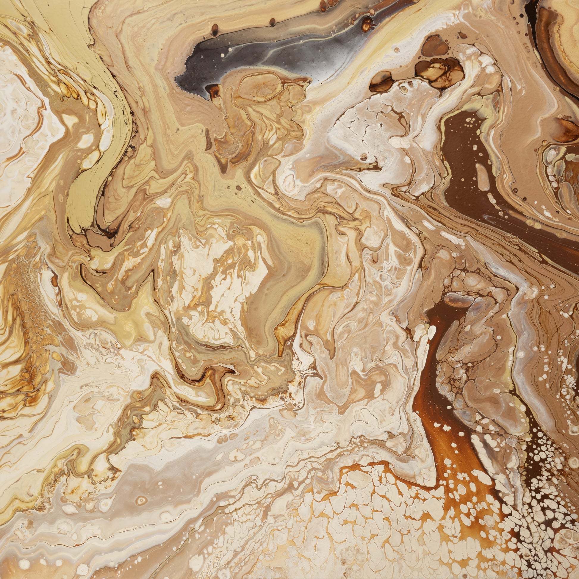 Square abstract acrylic painting in warm sand, caramel, cream and gold, shifting dune-like texture with a carved channel.